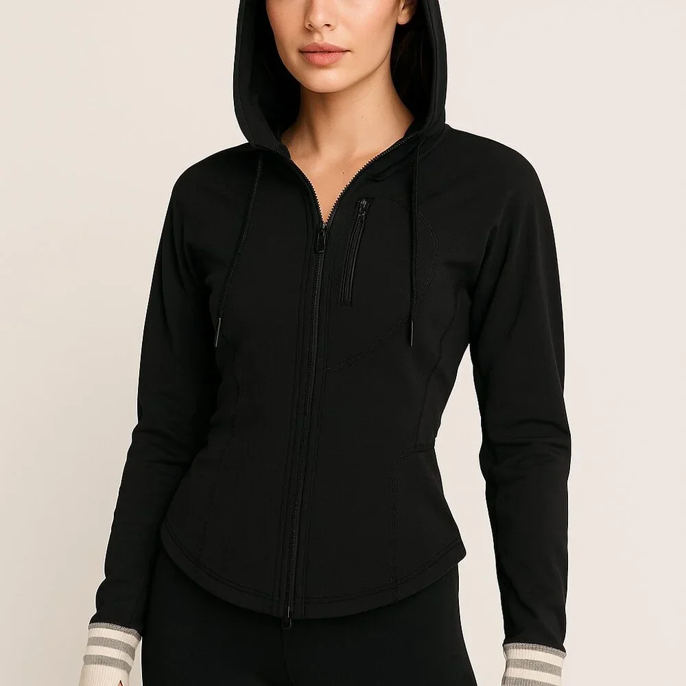 FP Movement Zip Hoodie Black w/ Thumbholes & Striped Cuffs – Women’s M NWT